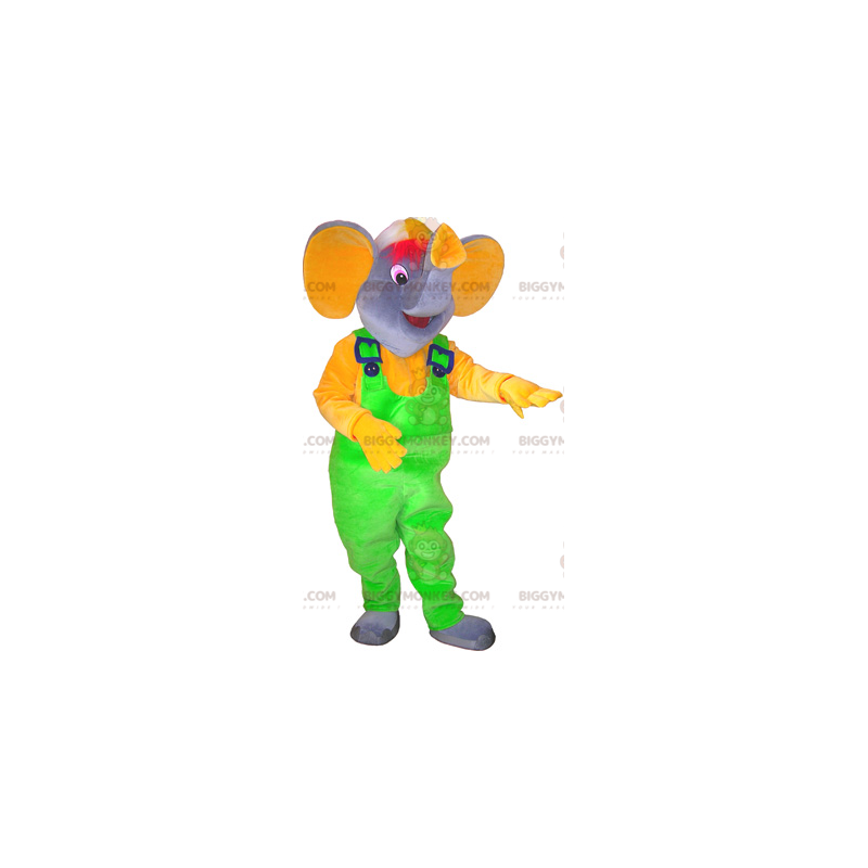 BIGGYMONKEY™ Maskottchenkostüm Grauer Elefant mit neongrünem BIGGYMONKEY™ Maskottchenkostüm Grauer Elefant mit neongrünem