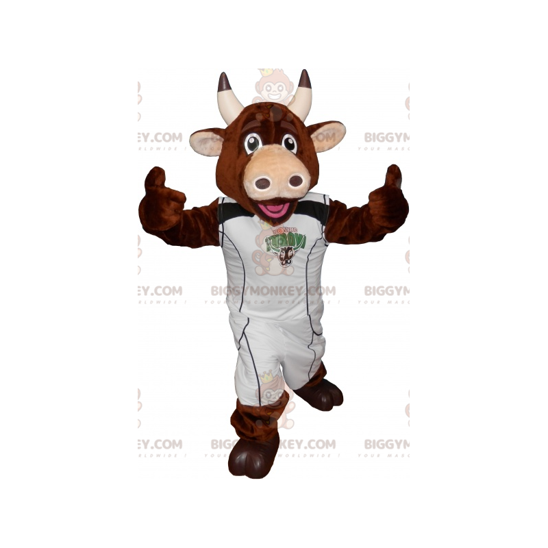 Ruskea lehmä BIGGYMONKEY™ maskottiasu urheilullisella asulla - Ruskea lehmä BIGGYMONKEY™ maskottiasu urheilullisella asulla -