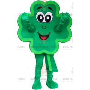 Traje de mascote de trevo de 4 folhas verde sorridente