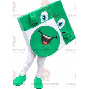 Zábavně vypadající zelenobílý čtvercový kostým maskota