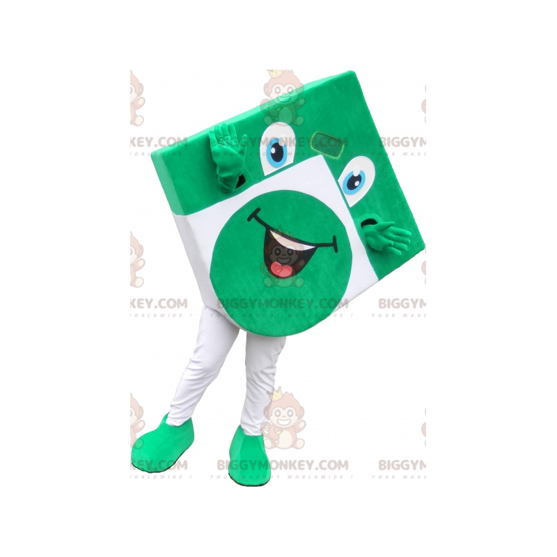 Costume de mascotte BIGGYMONKEY™ carrée verte et blanche à Costume de mascotte BIGGYMONKEY™ carrée verte et blanche à