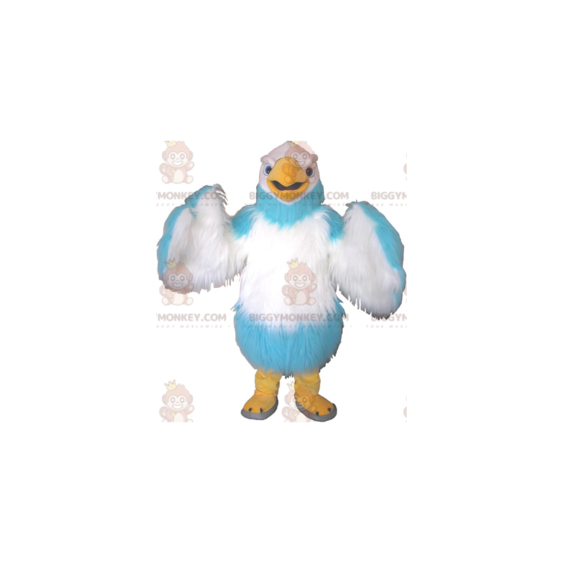 Fantasia de mascote de pássaro gigante branco azul-celeste e Fantasia de mascote de pássaro gigante branco azul-celeste e