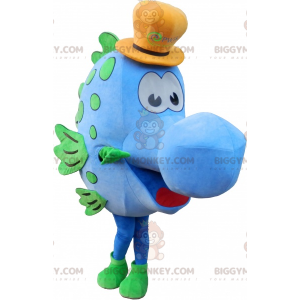 Blauer Fisch BIGGYMONKEY™ Maskottchenkostüm mit gelbem Hut -