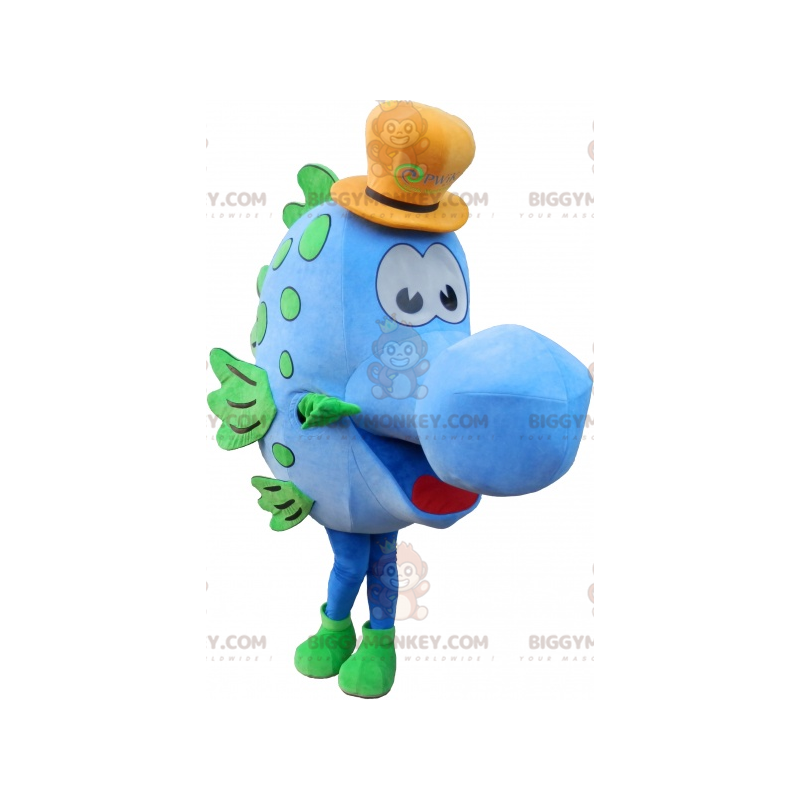 Disfraz de mascota Blue Fish BIGGYMONKEY™ con sombrero amarillo Disfraz de mascota Blue Fish BIGGYMONKEY™ con sombrero amarillo