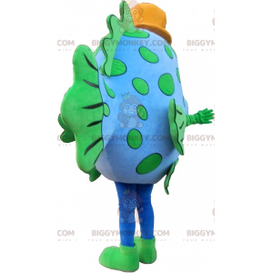 Traje de mascote de peixe azul BIGGYMONKEY™ com chapéu amarelo