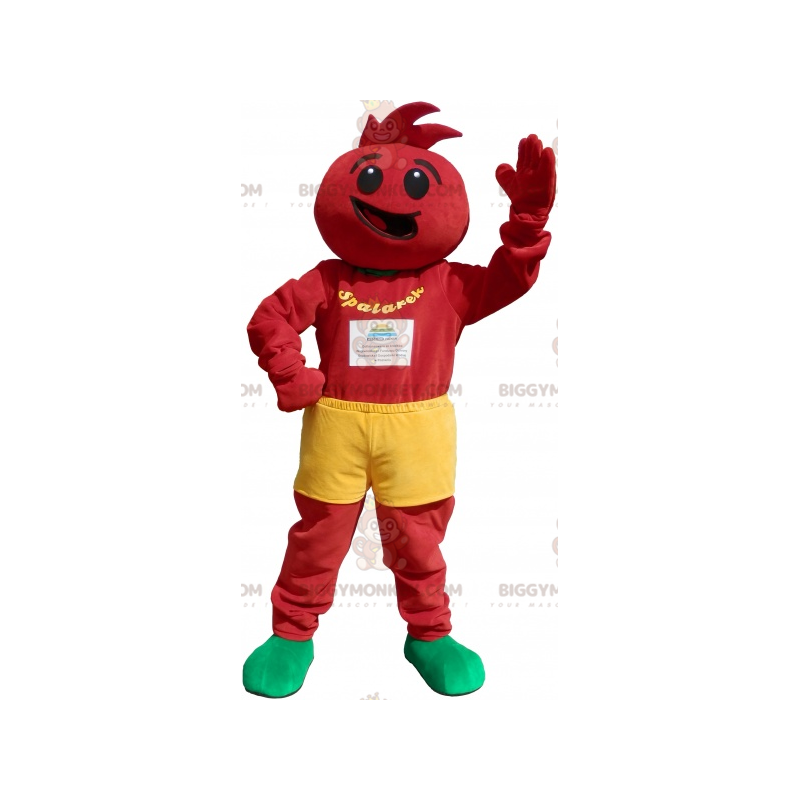 BIGGYMONKEY™ maskottiasu, punainen lumiukko keltaisilla BIGGYMONKEY™ maskottiasu, punainen lumiukko keltaisilla