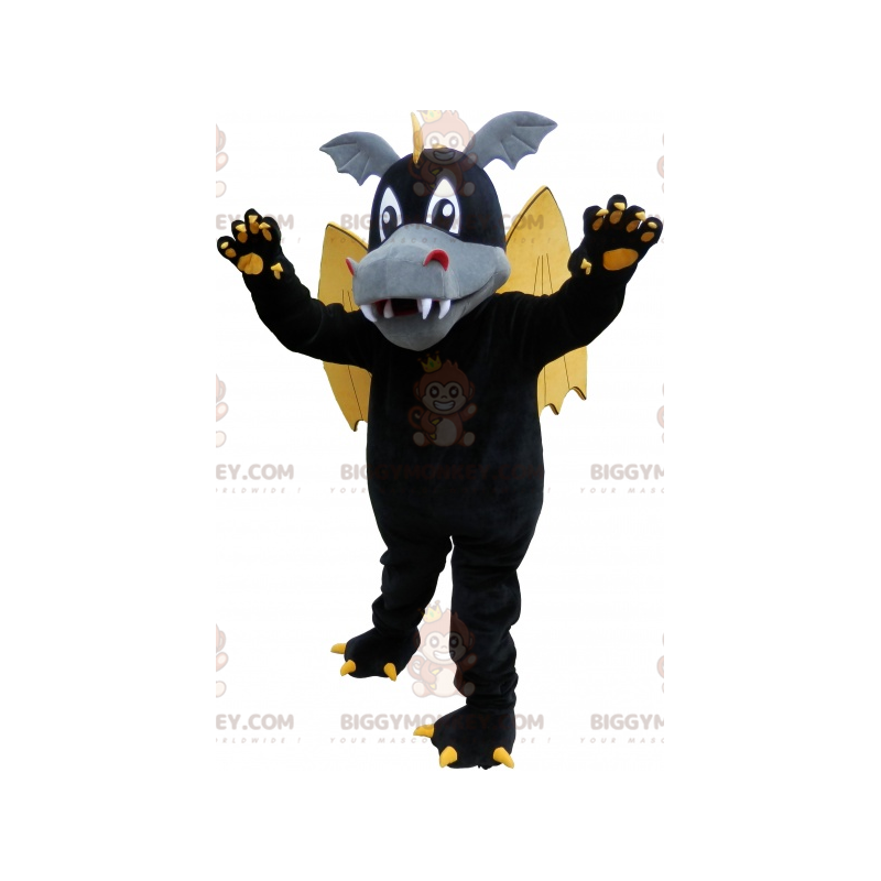 Costume de mascotte BIGGYMONKEY™ de dragon ailé noir avec Costume de mascotte BIGGYMONKEY™ de dragon ailé noir avec