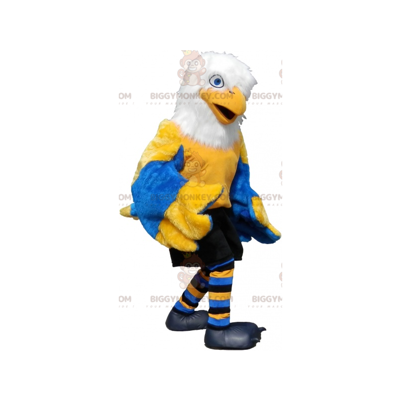 Costume de mascotte BIGGYMONKEY™ d'oiseau jaune blanc et bleu Costume de mascotte BIGGYMONKEY™ d'oiseau jaune blanc et bleu