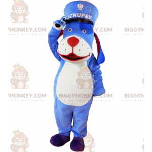 BIGGYMONKEY™ maskotdräkt av blå och vit hund med en kepi. Blue