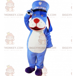 Fato de mascote BIGGYMONKEY™ de cão azul e branco com kepi.