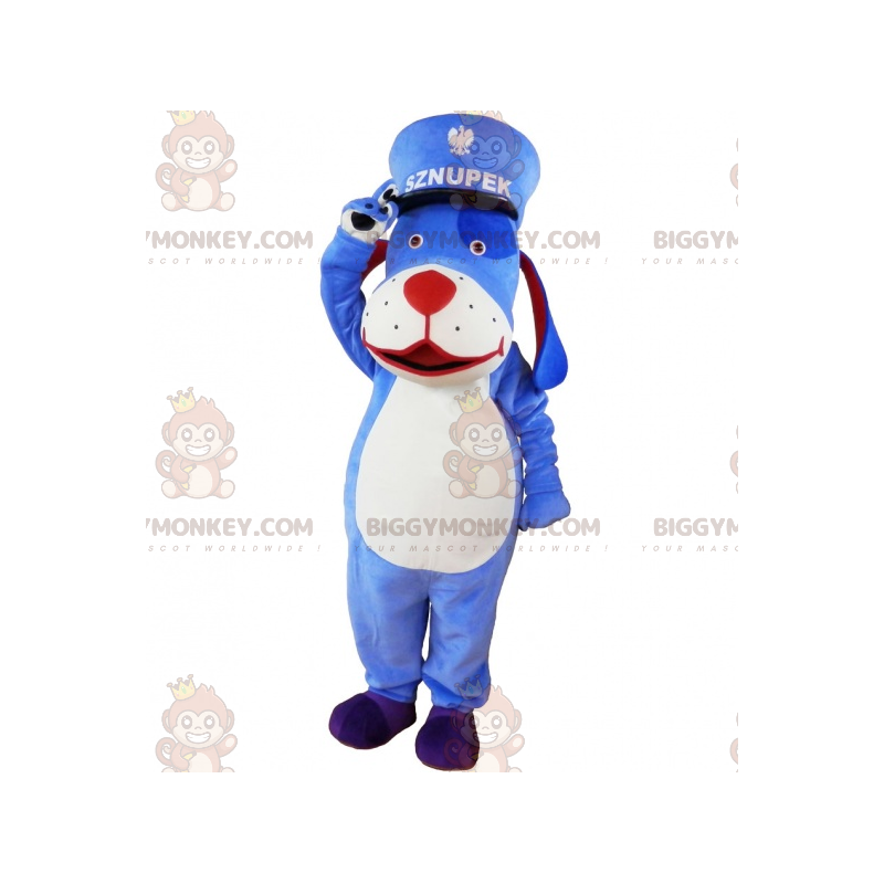 BIGGYMONKEY™ mascot costume of blue and white dog with a kepi.