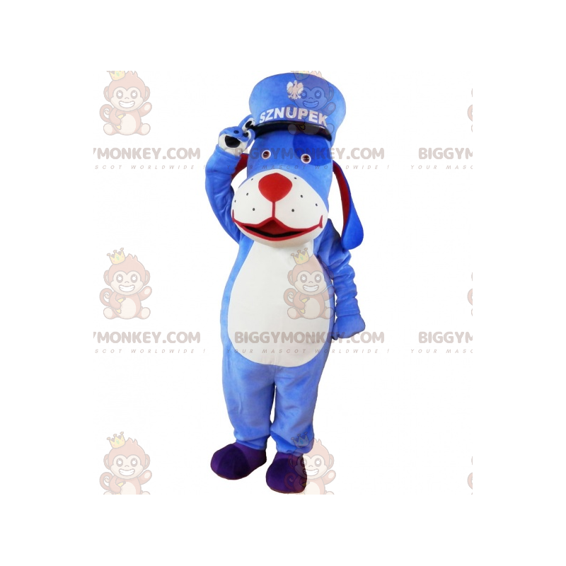 BIGGYMONKEY™ mascot costume of blue and white dog with a kepi. BIGGYMONKEY™ mascot costume of blue and white dog with a kepi.