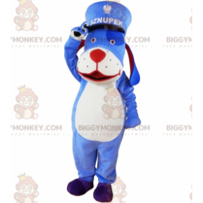 BIGGYMONKEY™ Maskottchenkostüm aus blau-weißem Hund mit Kepi.