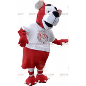 Kostium maskotki tygrysa BIGGYMONKEY™ w czerwono-białym stroju piłkarskim - Tygrysie maskotki - BiggyMonkey.com
