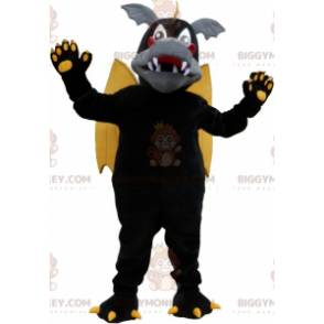 Traje de mascote de dragão alado preto cinza e amarelo