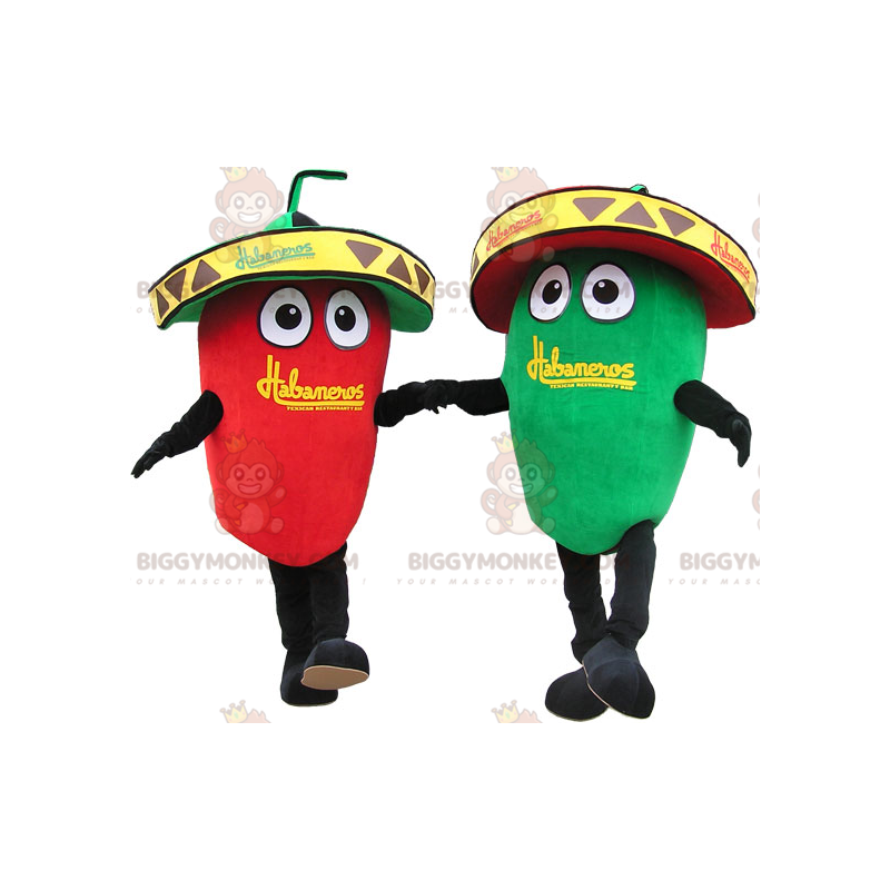 2 BIGGYMONKEY's gigantische groene en rode chili-mascotte. 2 BIGGYMONKEY's gigantische groene en rode chili-mascotte.