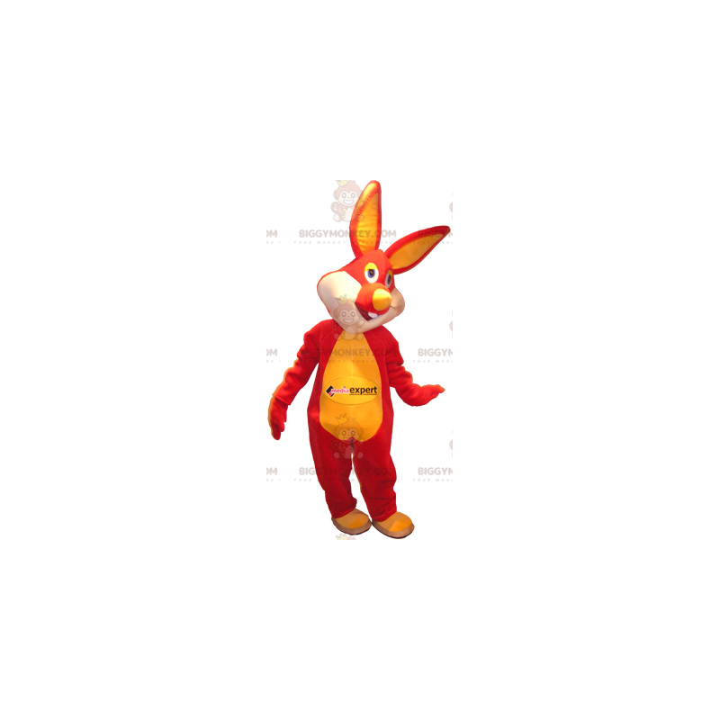 BIGGYMONKEY™ mascottekostuum rood en geel konijn met gekleurde BIGGYMONKEY™ mascottekostuum rood en geel konijn met gekleurde