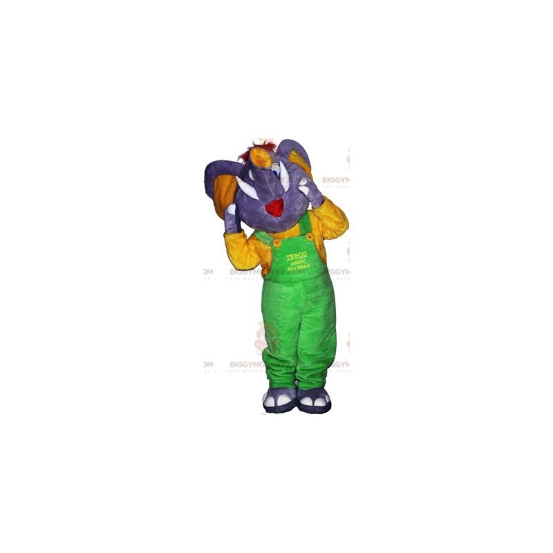 BIGGYMONKEY™ Maskotdräkt Grå elefant med neongrön overall - BIGGYMONKEY™ Maskotdräkt Grå elefant med neongrön overall -