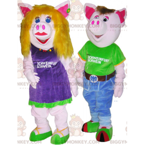 2 BIGGYMONKEY™s mannlige og kvinnelige grisemaskoter i fargerike antrekk - Grisemaskotter - BIGGYMONKEY_06369 - BiggyMonkey.com