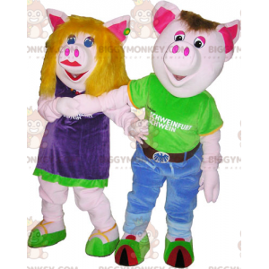 2 BIGGYMONKEY™s han- og hungrisemaskoter i farverige outfits -