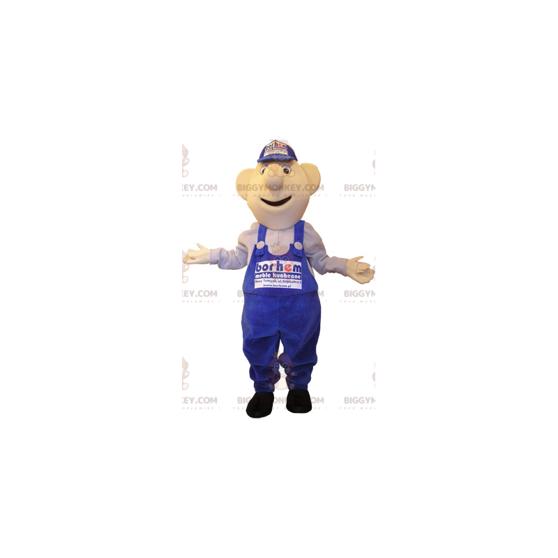 BIGGYMONKEY™ Mascot Costume of Snowman in Blue Overalls and Cap