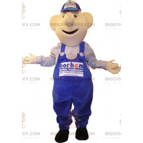 BIGGYMONKEY™ Mascot Costume of Snowman in Blue Overalls and Cap