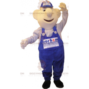 BIGGYMONKEY™ Mascot Costume of Snowman in Blue Overalls and Cap