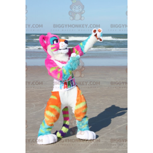 Traje de mascote BIGGYMONKEY™ de leoa cor de néon rosa completa