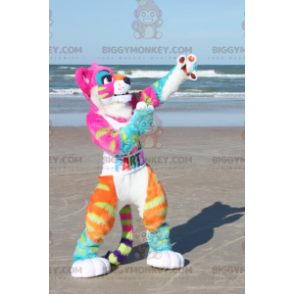 Traje de mascote BIGGYMONKEY™ de leoa cor de néon rosa completa