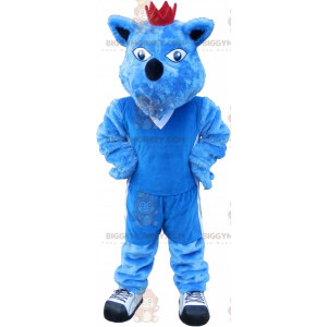 BIGGYMONKEY™ maskotkostume blå hund med krone. Blue Animal