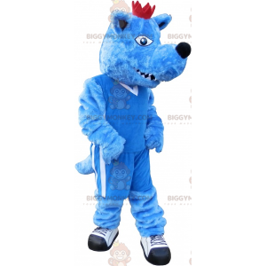 Fato de mascote BIGGYMONKEY™ cão azul com coroa. Fantasia de